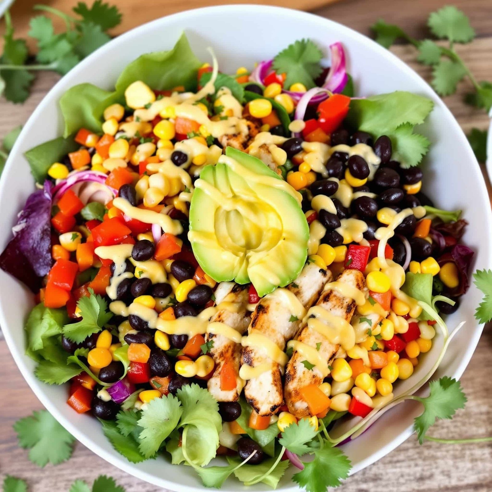 A colorful Spicy Southwest Chicken Salad with grilled chicken, corn, black beans, and avocado on a wooden table.