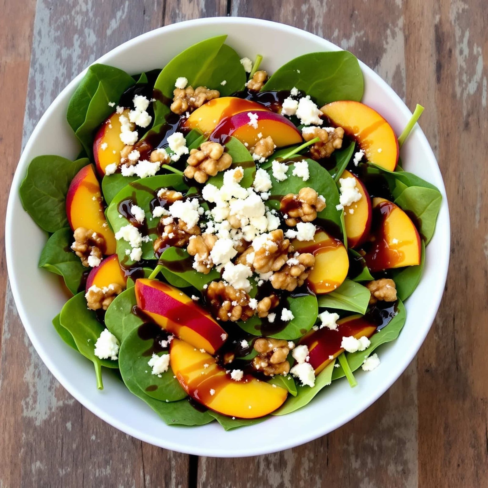 A vibrant fresh peach spinach salad with peaches, spinach, feta cheese, and walnuts on a wooden table.