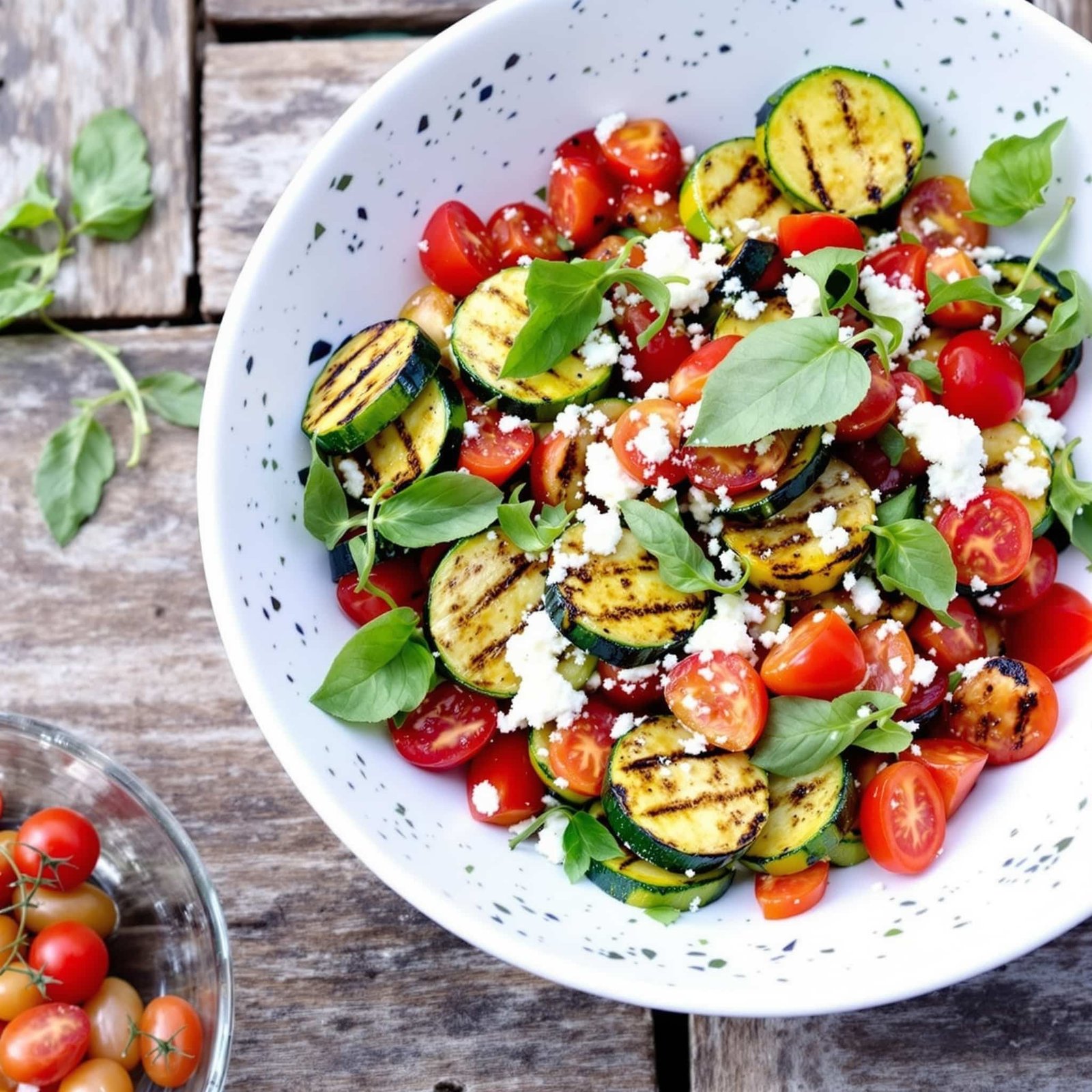 A bowl of grilled zucchini and tomato salad garnished with basil and feta cheese, showcasing grilled vegetables.