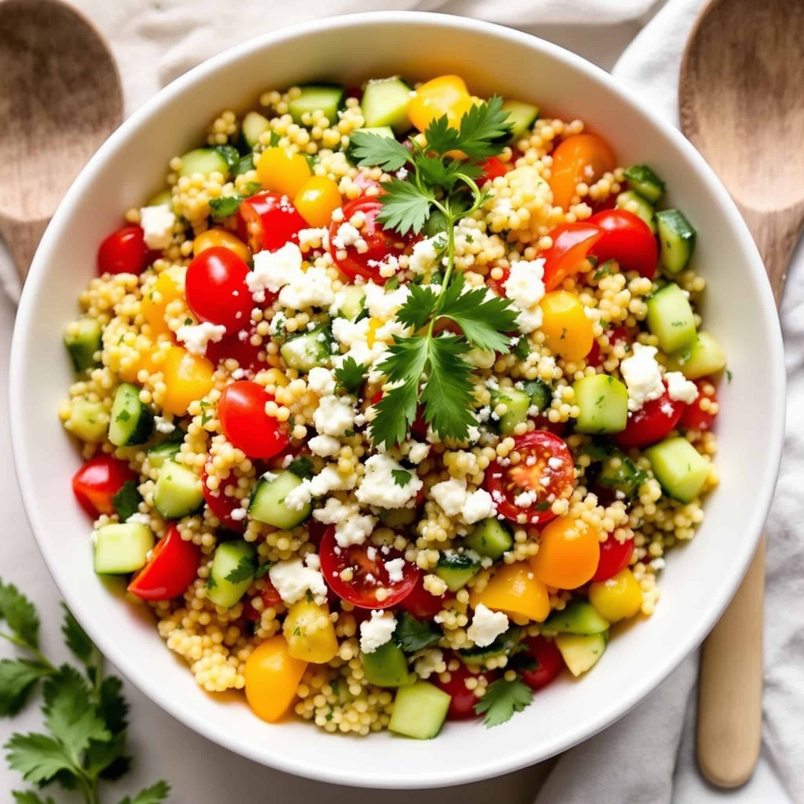 A vibrant Mediterranean Couscous Salad with cherry tomatoes, cucumbers, bell peppers, feta cheese, and parsley in a bowl.