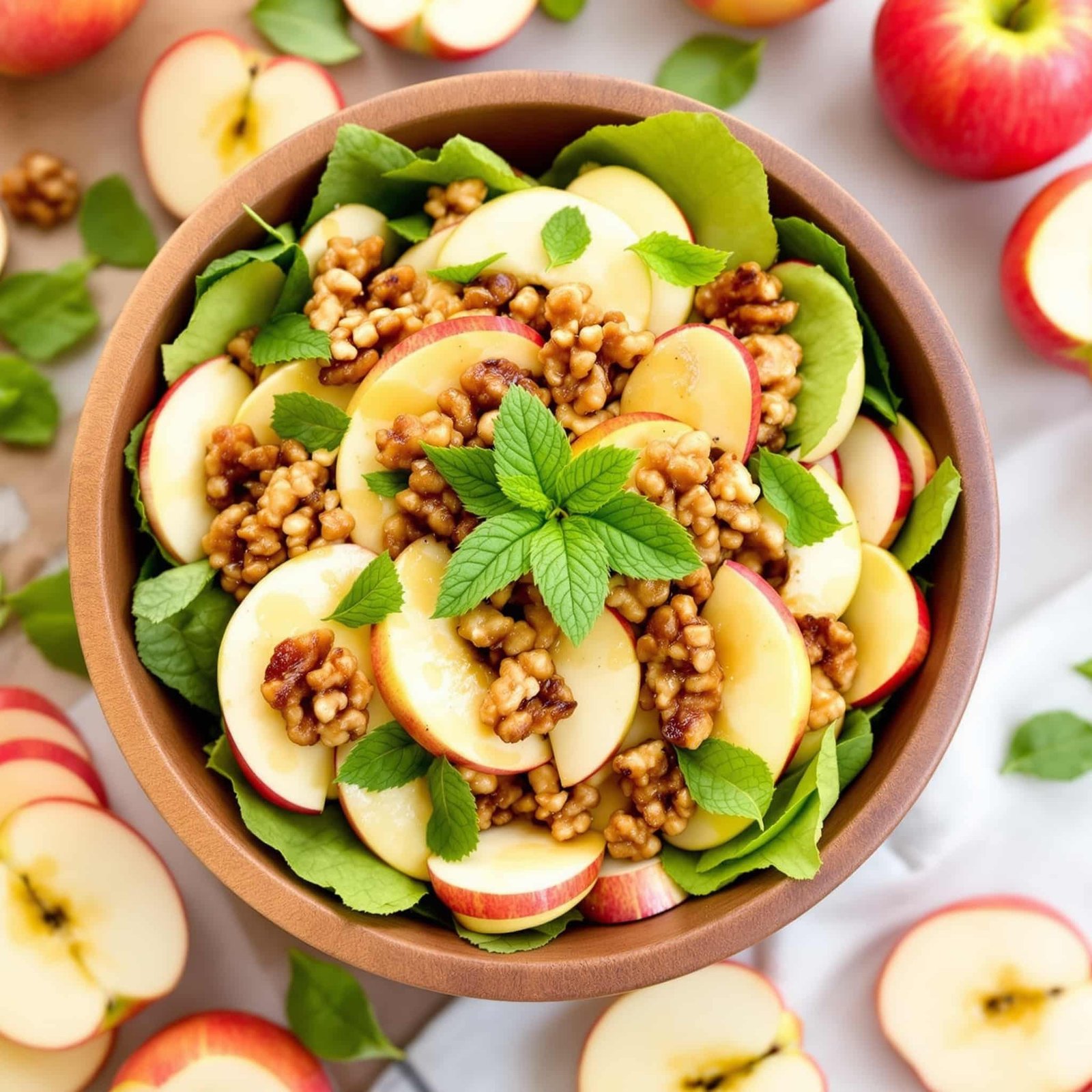 A healthy Sweet Honey Apple Salad with crisp apples, walnuts, and a honey dressing, garnished with mint.