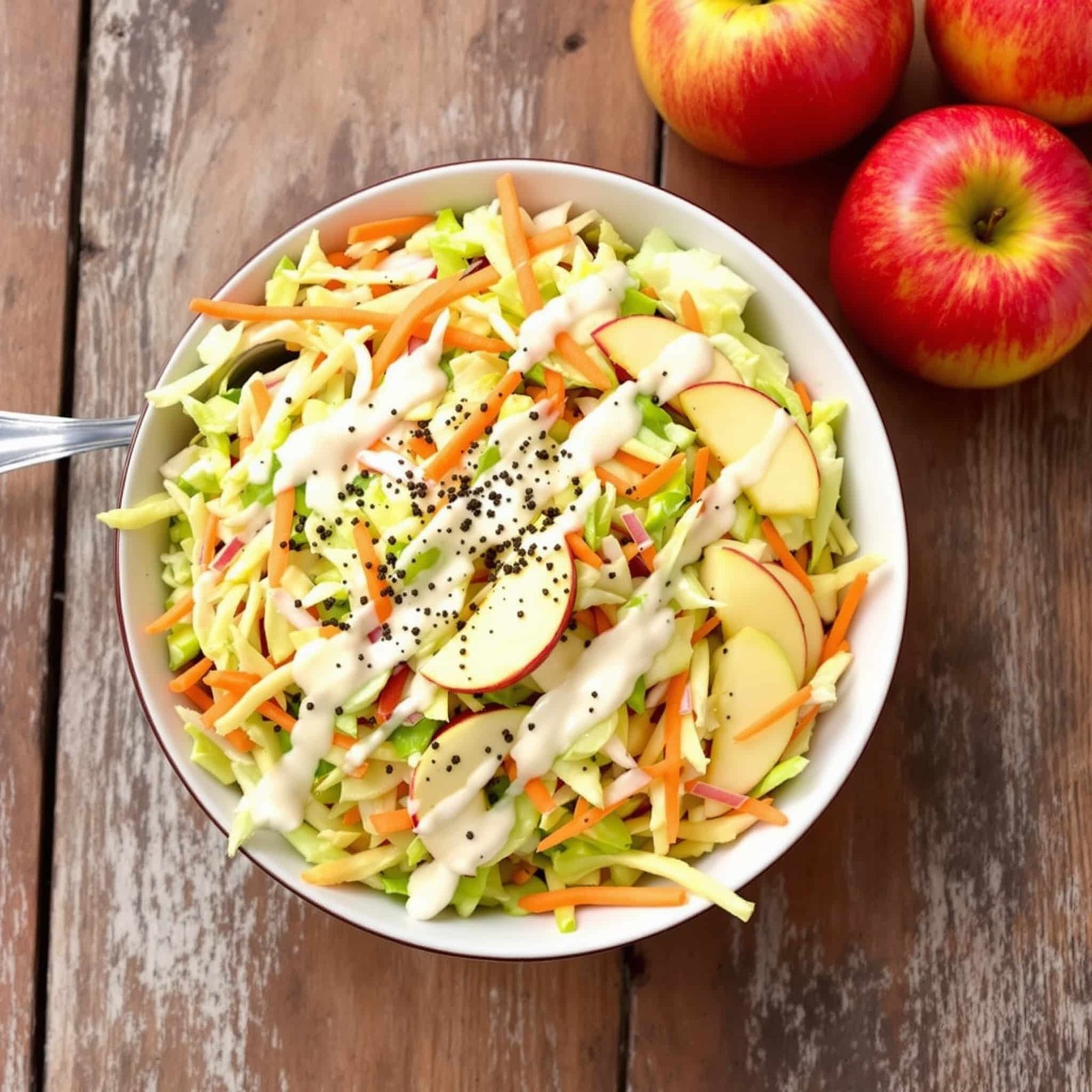 Creamy coleslaw with cabbage, carrots, and apples in a bowl, garnished and ready to serve.