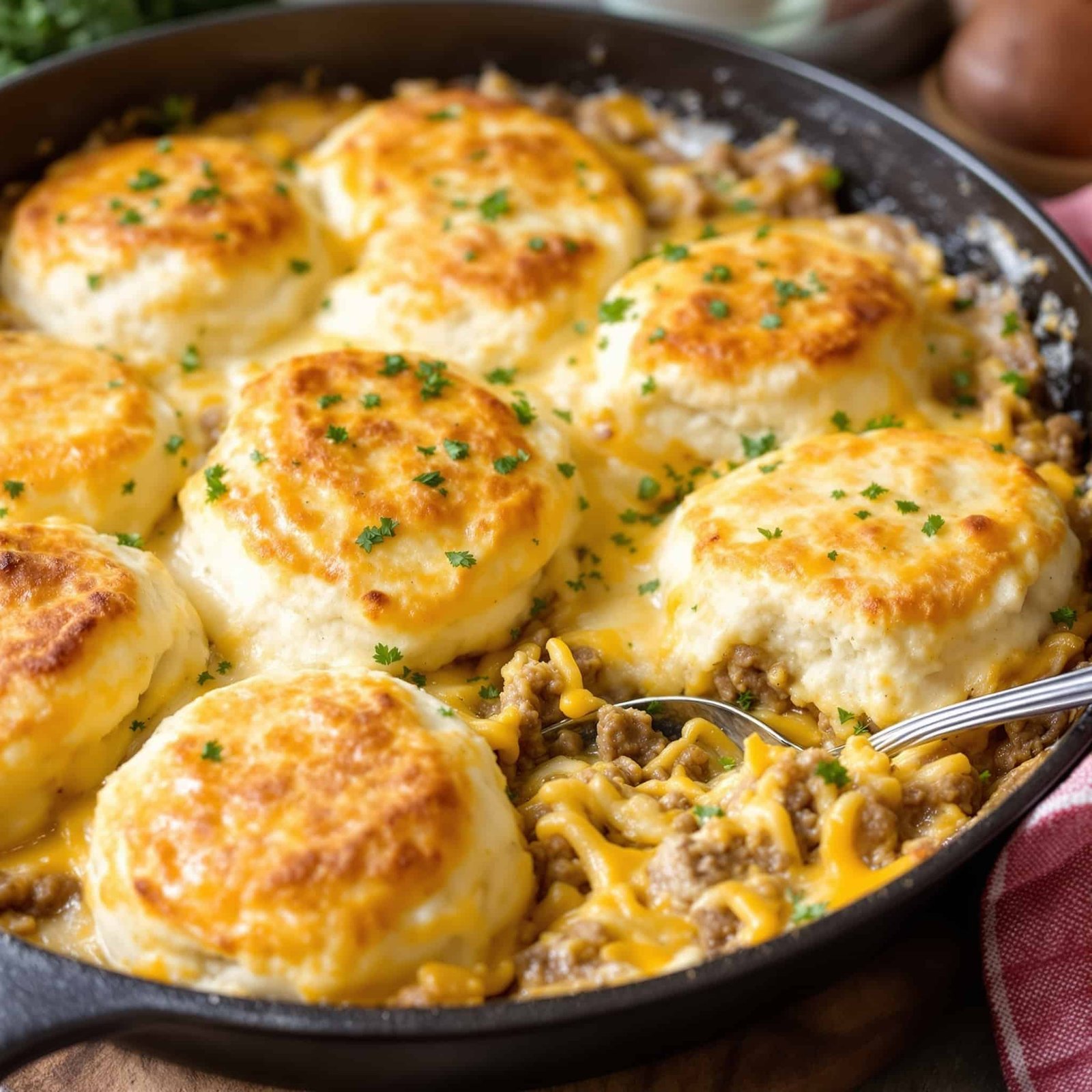 Cheesy beef biscuit bake in a skillet with golden biscuits and melted cheese, garnished with parsley, on a rustic kitchen table.