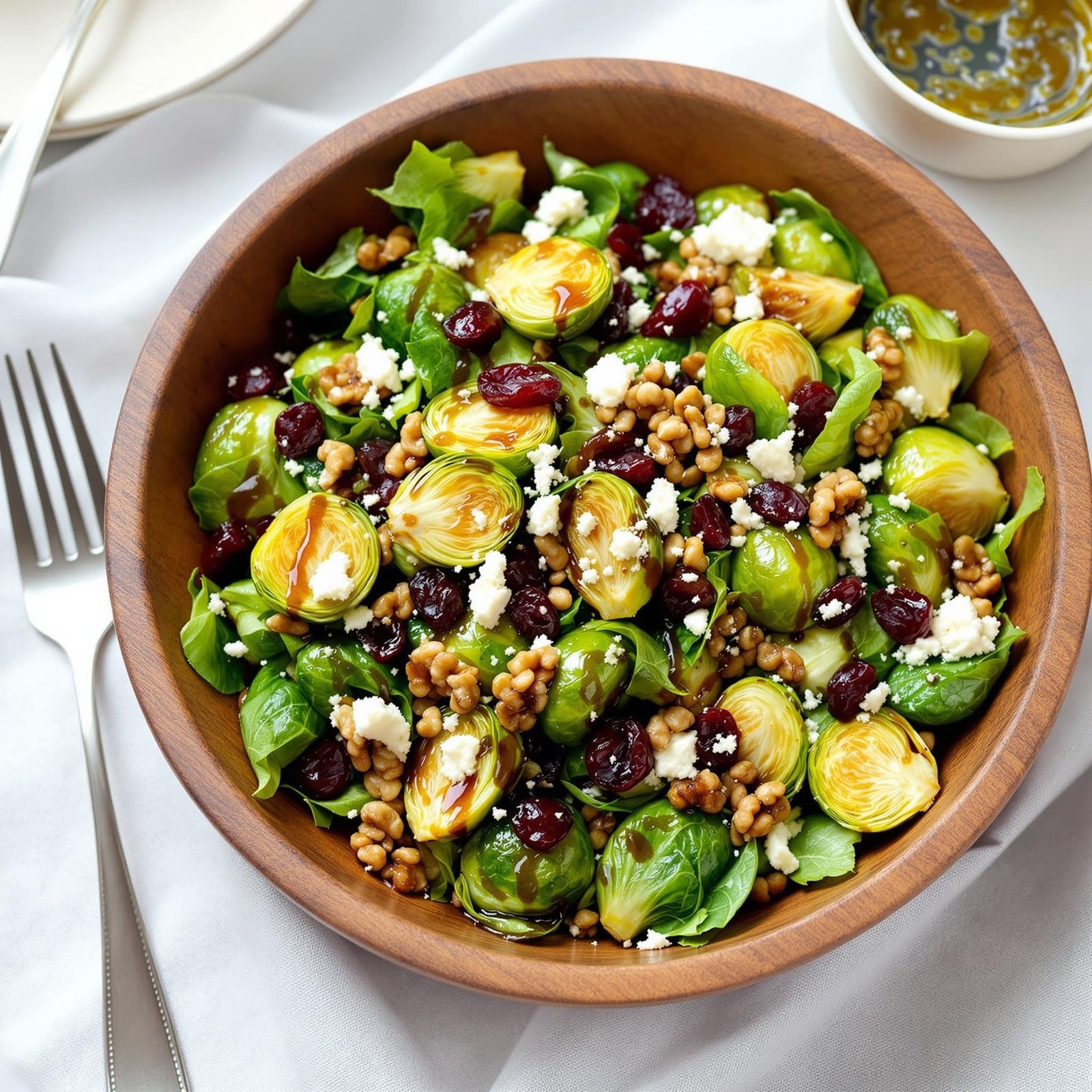 A colorful salad of roasted Brussels sprouts, cranberries, and walnuts in a wooden bowl, topped with feta cheese.