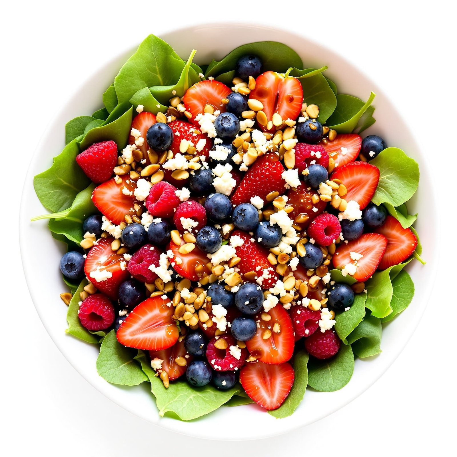 Fresh Berry and Mixed Greens Salad Recipe A vibrant salad of mixed greens with fresh strawberries, blueberries, and raspberries, dressed with vinaigrette and topped with feta cheese.