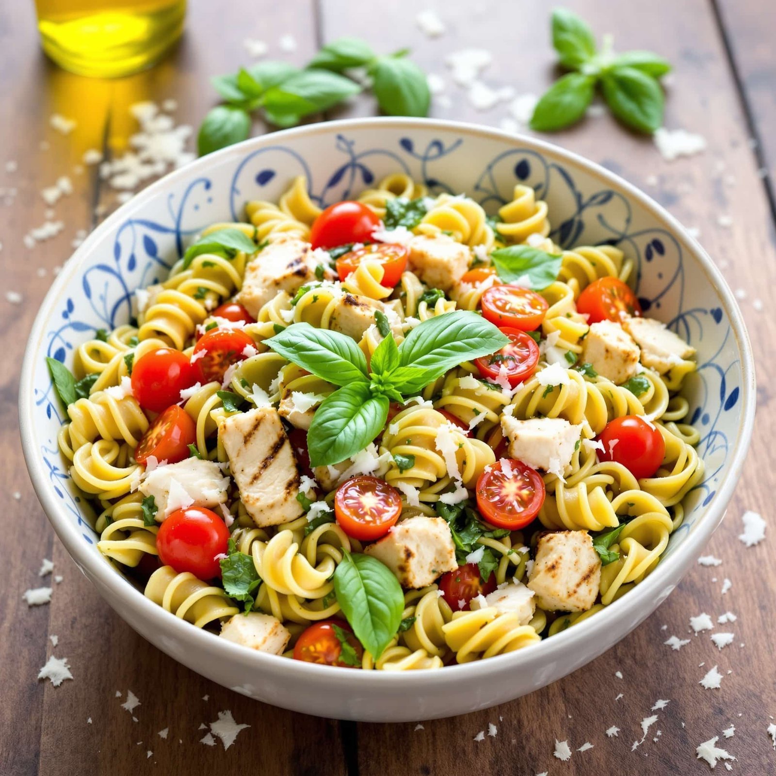 Chicken Pesto Pasta Salad Recipe A delicious Chicken Pesto Pasta Salad with grilled chicken, cherry tomatoes, and pesto served in a bowl.