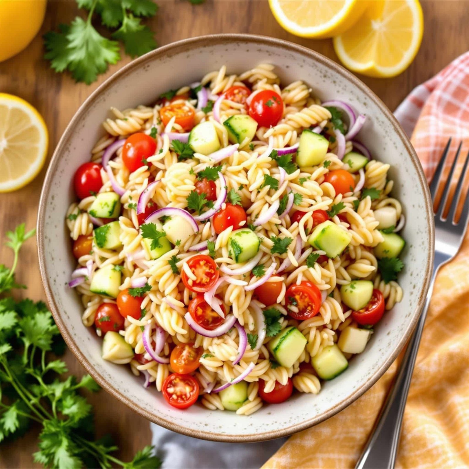Lemon Garlic Orzo Salad Recipe A colorful Lemon Garlic Orzo Salad with orzo pasta, tomatoes, cucumber, and parsley in a rustic bowl on a wooden table.