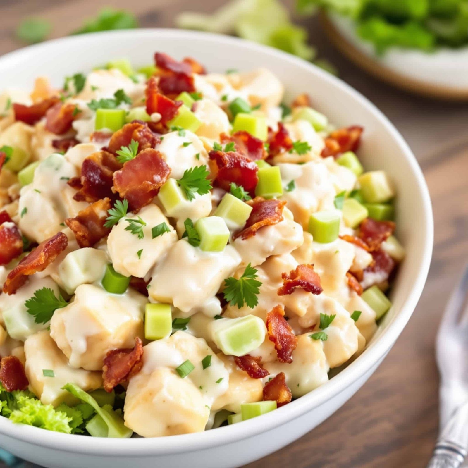 Creamy Bacon Ranch Chicken Salad Recipe Creamy bacon ranch chicken salad with chicken, bacon, and celery on greens in a bowl.