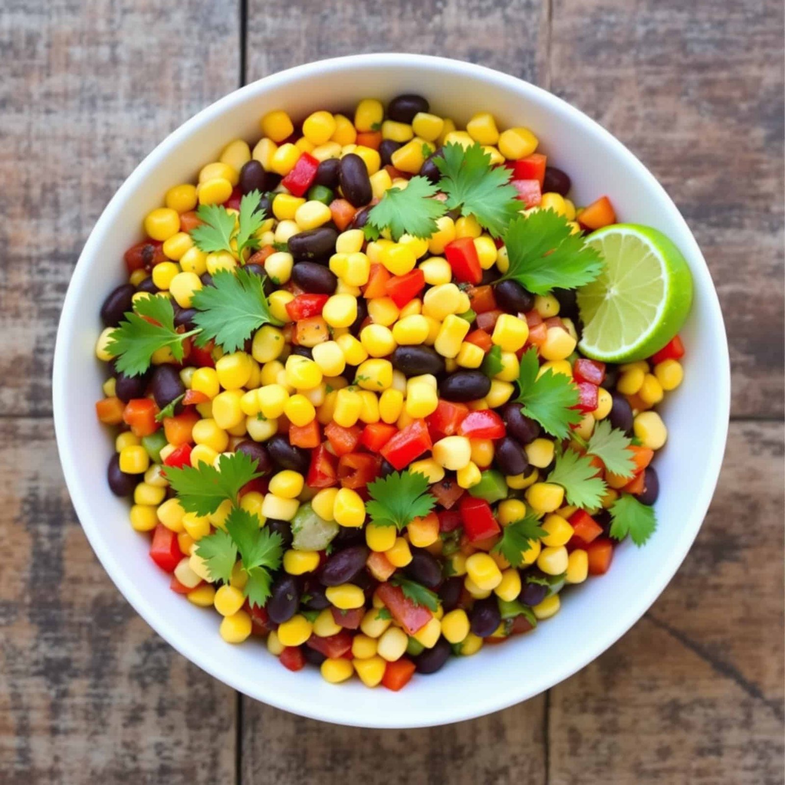 A colorful spicy black bean corn salad with beans, corn, bell peppers, and cilantro, garnished with lime, on a wooden table.