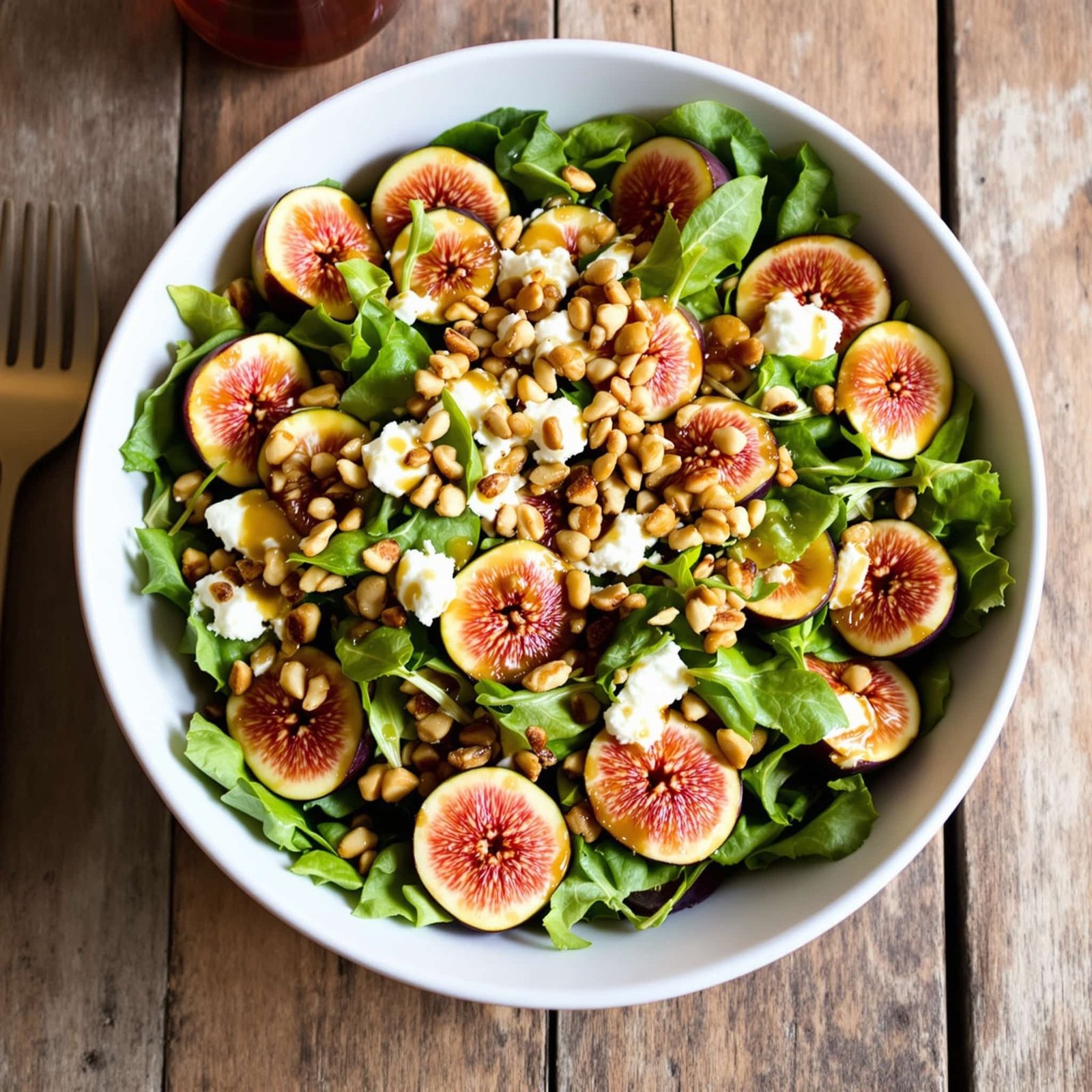 Fresh Fig and Goat Cheese Salad with figs, goat cheese, nuts, and greens on a rustic table.