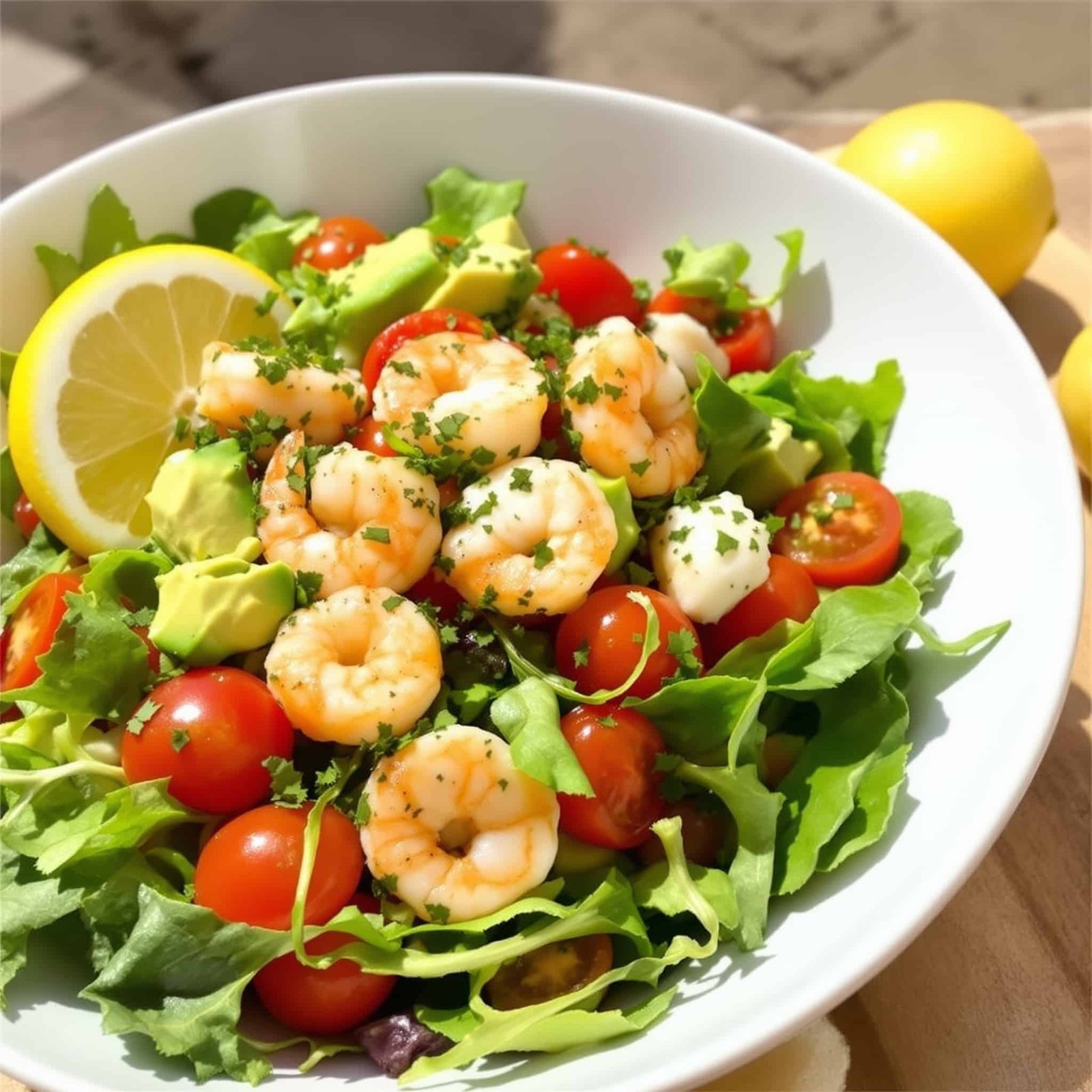 Lemon Herb Grilled Shrimp Salad Recipe A vibrant bowl of Lemon Herb Shrimp Salad with mixed greens, grilled shrimp, cherry tomatoes, and avocado on an outdoor table.