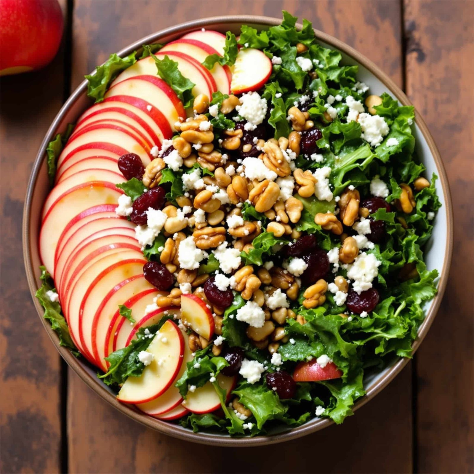 A colorful bowl of kale apple salad with nuts, cranberries, and feta cheese on a wooden table.