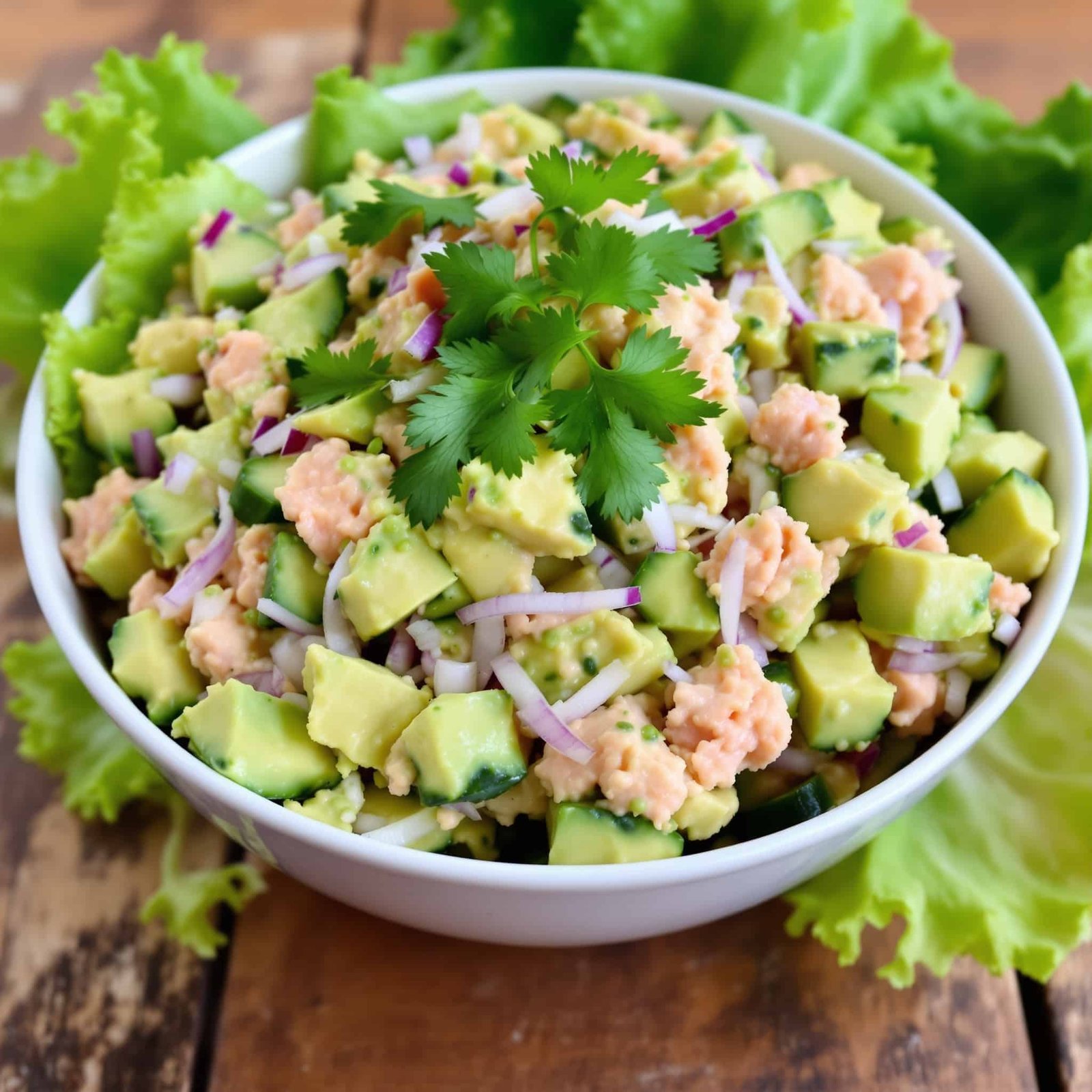 A fresh avocado tuna salad served on lettuce with cucumber and red onion, garnished with cilantro.