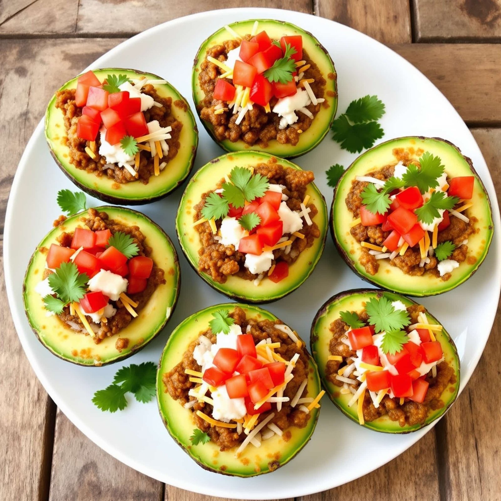 Taco stuffed avocados filled with ground beef, topped with cheese and tomatoes, on a rustic wooden plate.