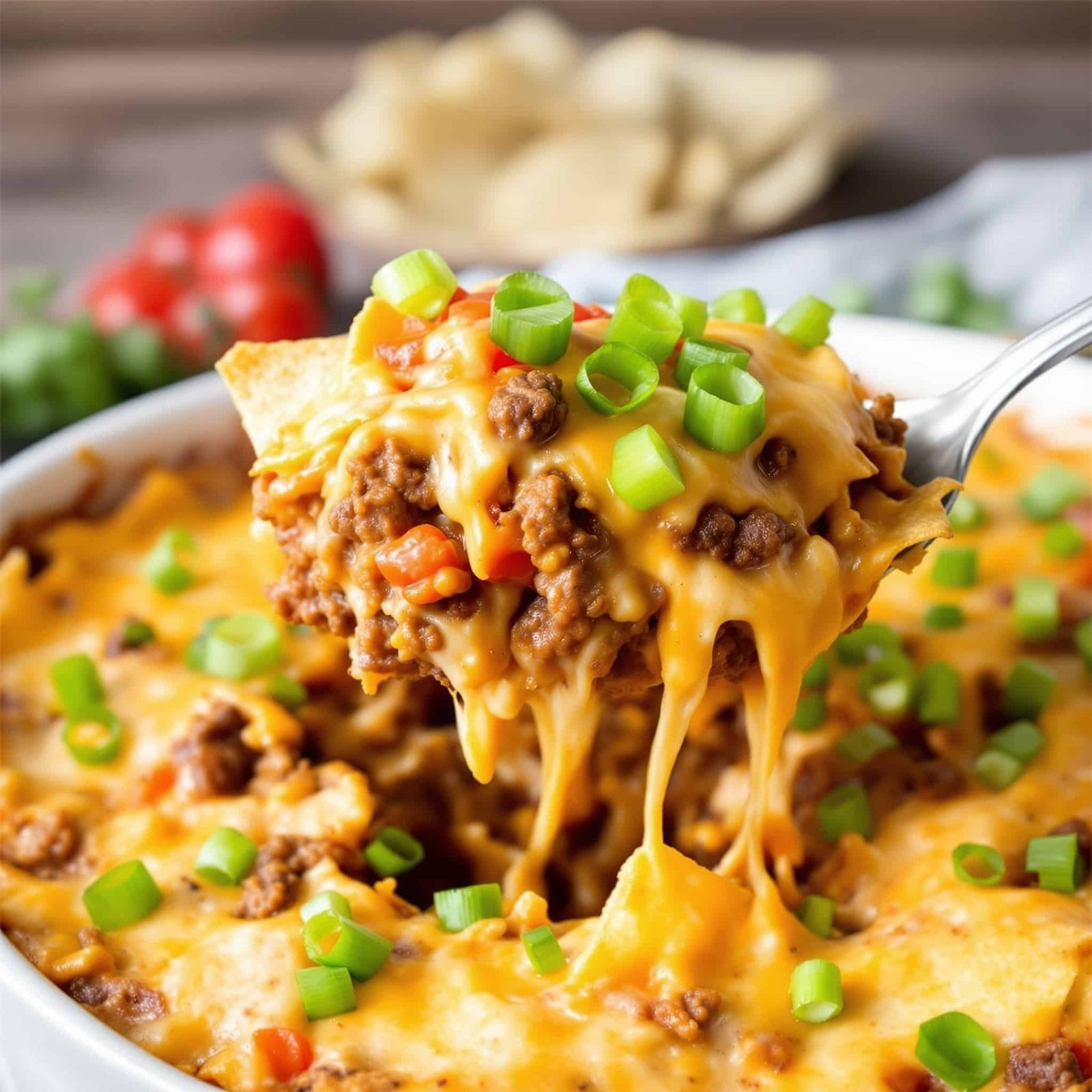 Cheesy Beef Taco Bake with tortilla chips, melted cheese, and colorful toppings in a baking dish.