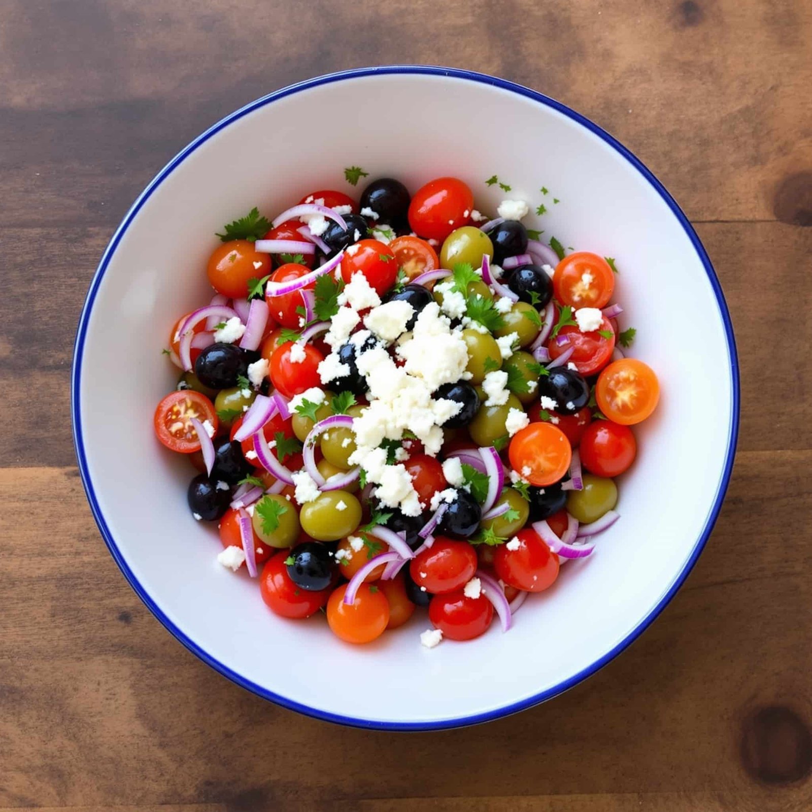 Mediterranean Olive and Tomato Salad Recipe A colorful Mediterranean salad with cherry tomatoes, olives, red onion, and parsley, topped with feta cheese, on a rustic table.