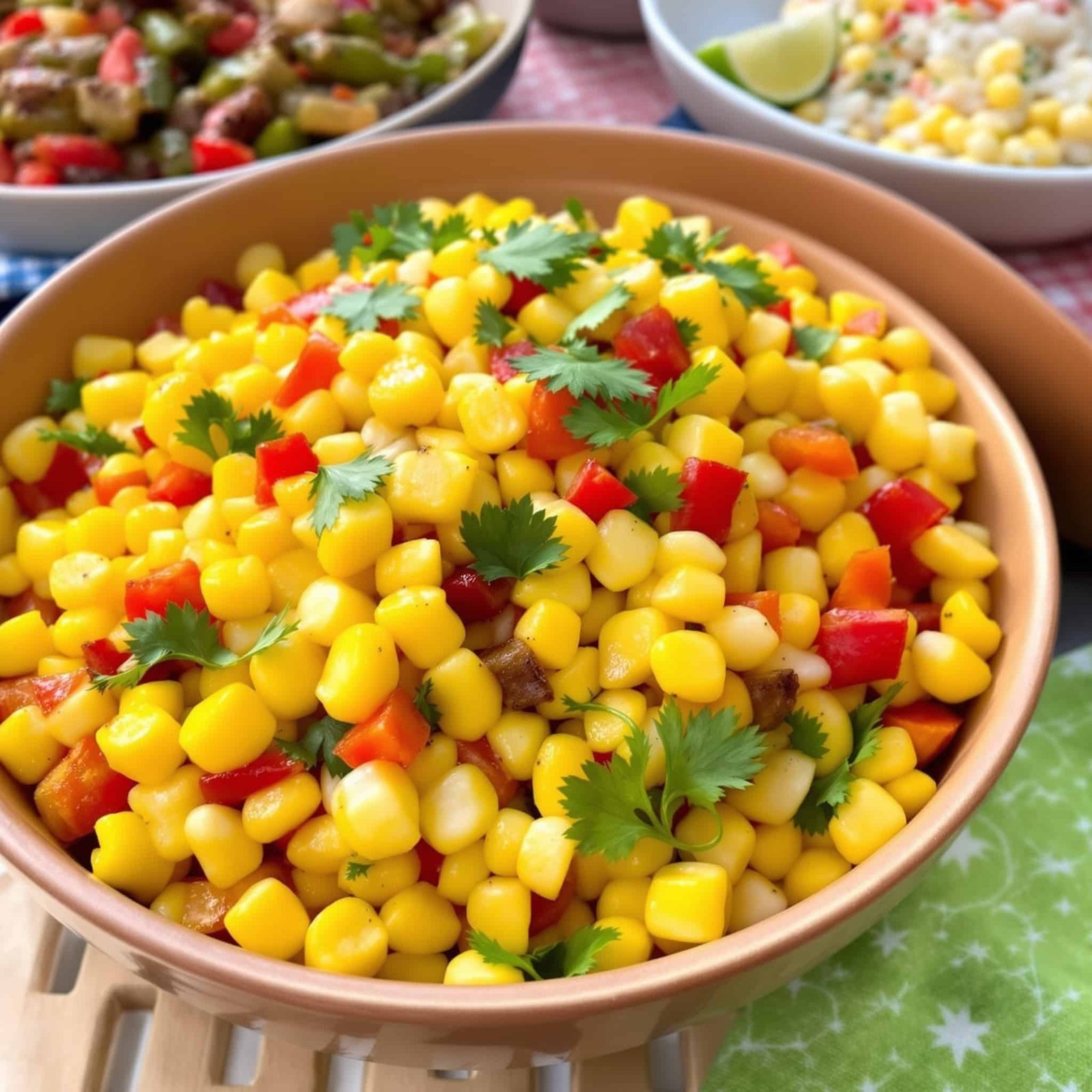 Roasted Sweet Corn Salad Recipe A vibrant roasted sweet corn salad with corn, bell peppers, and cilantro in a bowl on a rustic table.