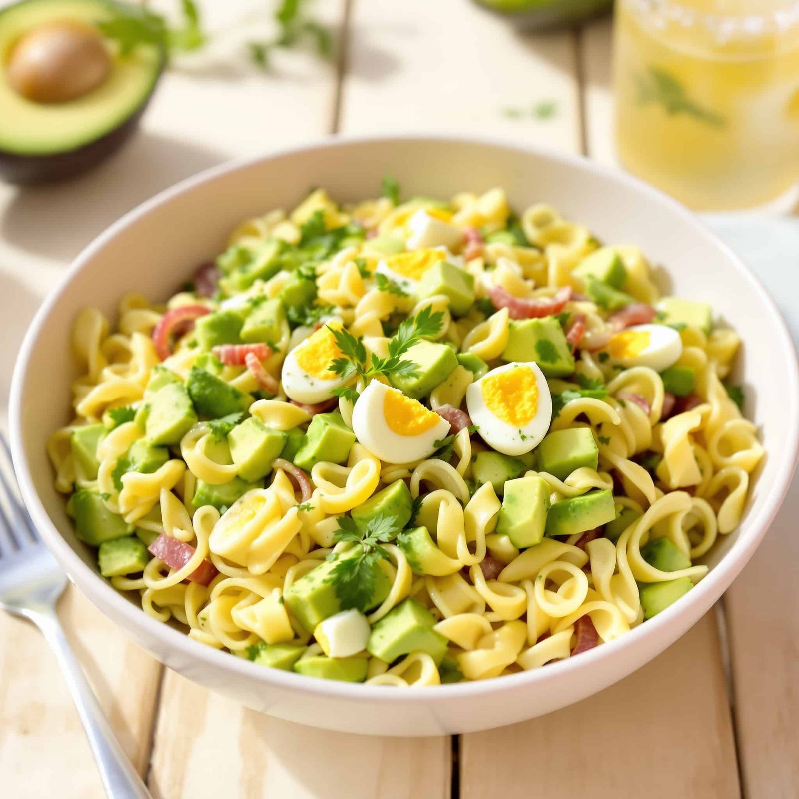 Creamy Avocado Egg Pasta Salad Recipe A colorful creamy avocado egg pasta salad in a bowl, featuring avocado, eggs, pasta, and fresh herbs.