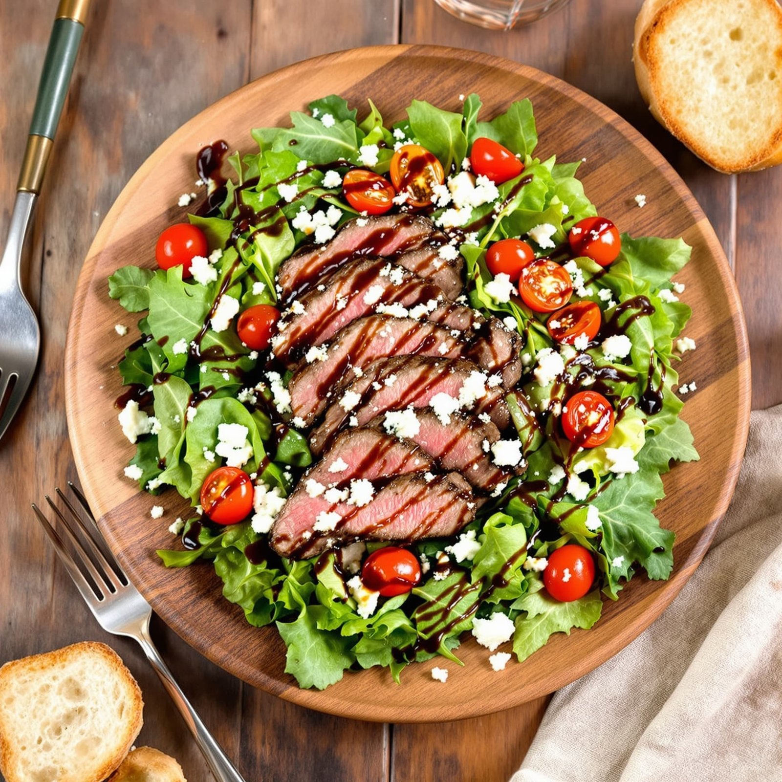 Grilled Steak and Blue Cheese Salad Recipe A colorful Grilled Steak and Blue Cheese Salad with grilled steak, mixed greens, cherry tomatoes, and blue cheese on a wooden plate.