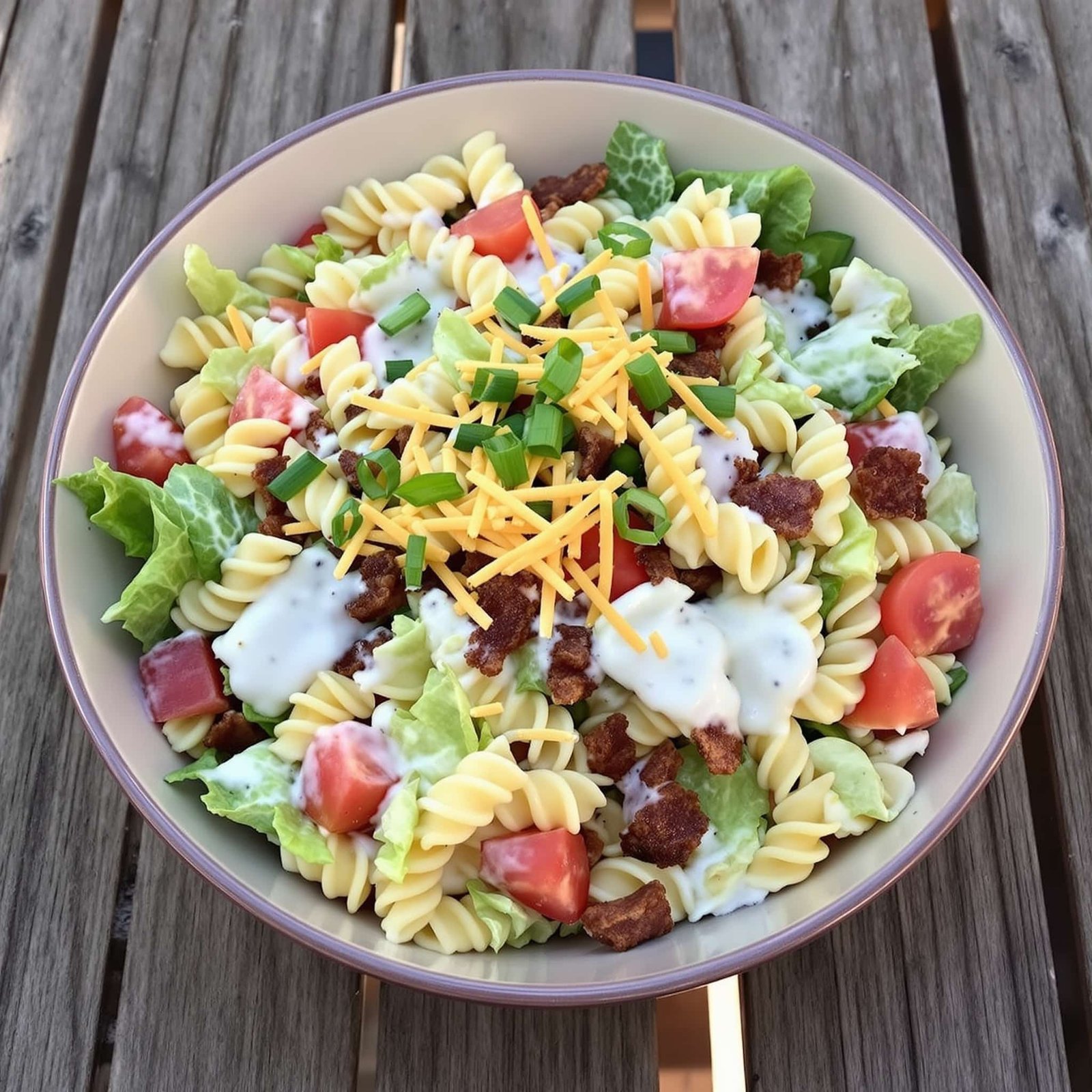 Creamy Ranch BLT Pasta Salad Recipe A colorful bowl of creamy ranch pasta salad with bacon, tomatoes, and lettuce, garnished with cheese and green onions.