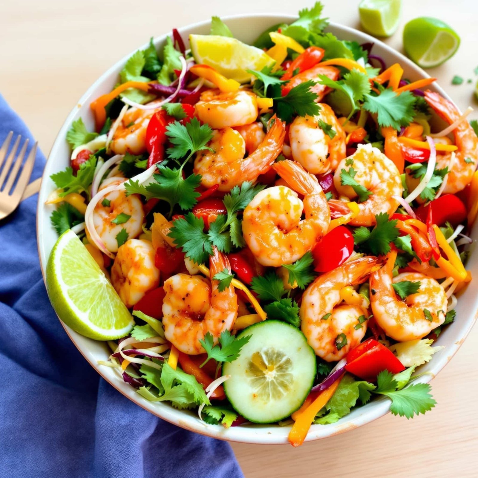 A colorful Thai Chili Shrimp Salad with shrimp, vegetables, cilantro, and lime wedges on a light wooden table.