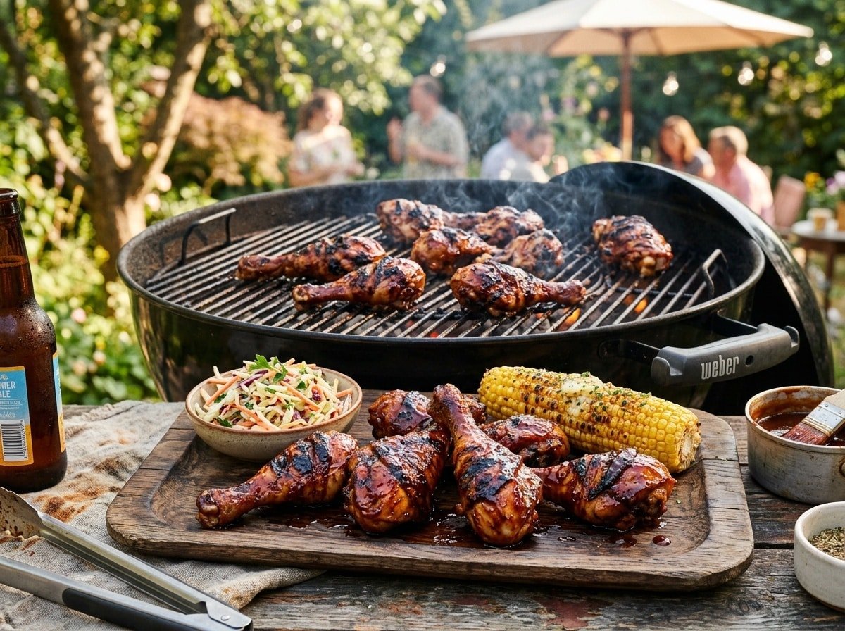 Grilled BBQ chicken drumsticks on a wooden platter with coleslaw and corn, showcasing a summer barbecue scene.