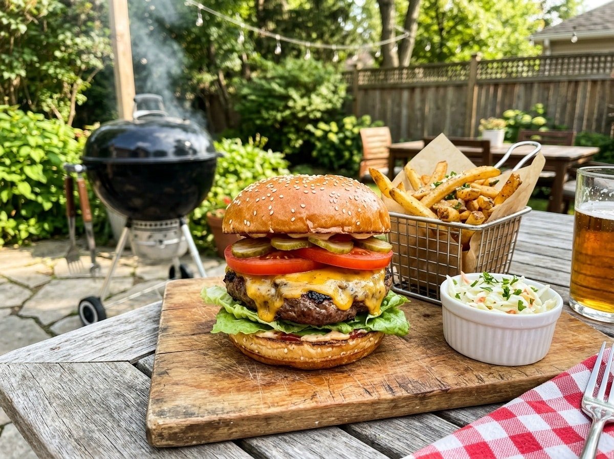 A juicy beef burger with toppings on a cutting board with fries and coleslaw in a sunny outdoor setting.