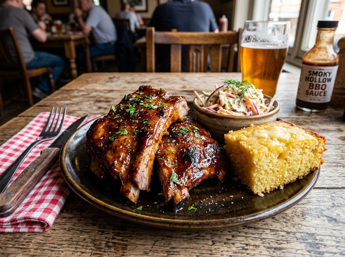 Sticky honey BBQ ribs with coleslaw and cornbread on a rustic wooden table.