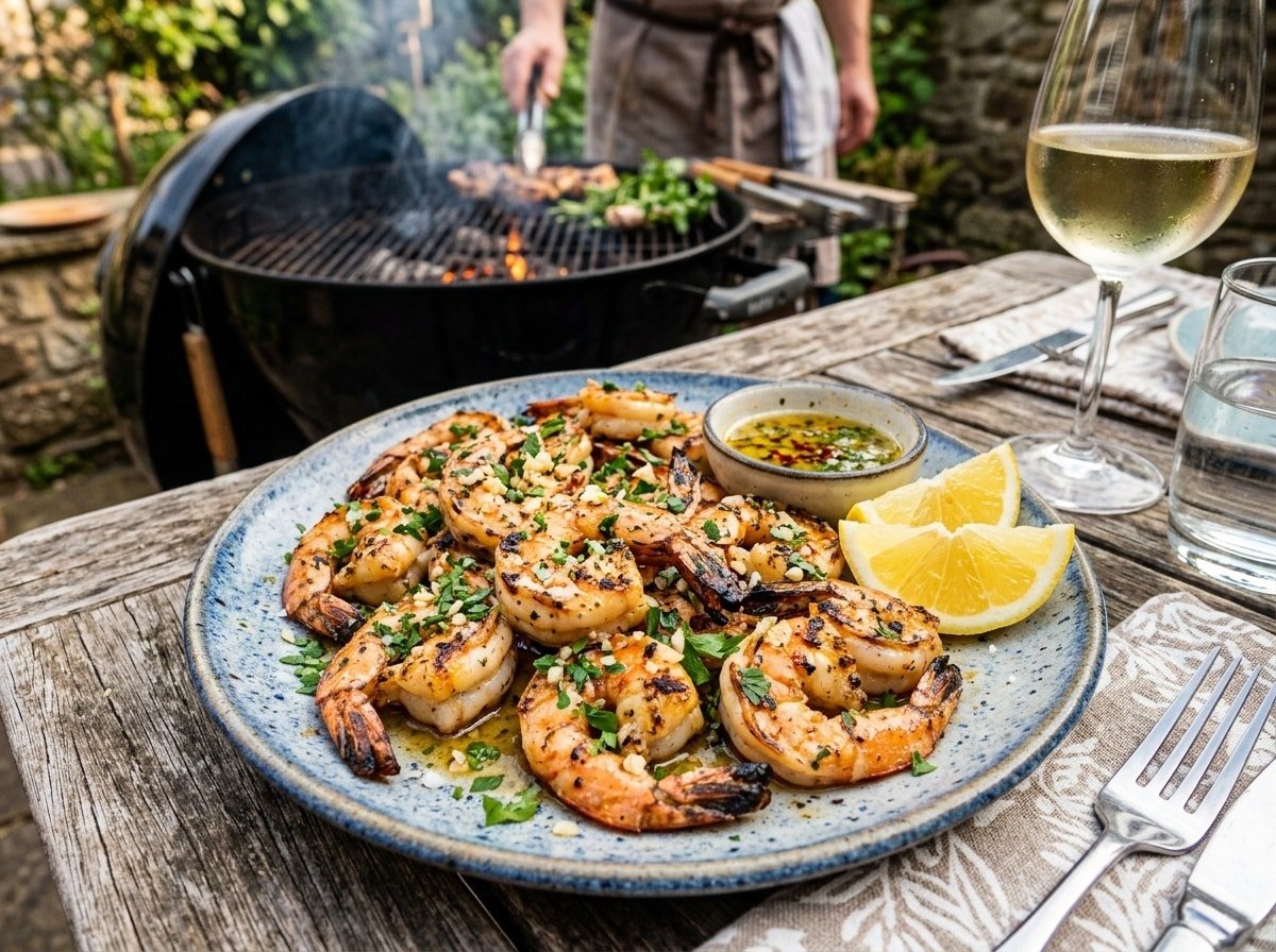 A plate of grilled shrimp with garlic butter, parsley, and lemon on a rustic table, perfect for a summer BBQ.