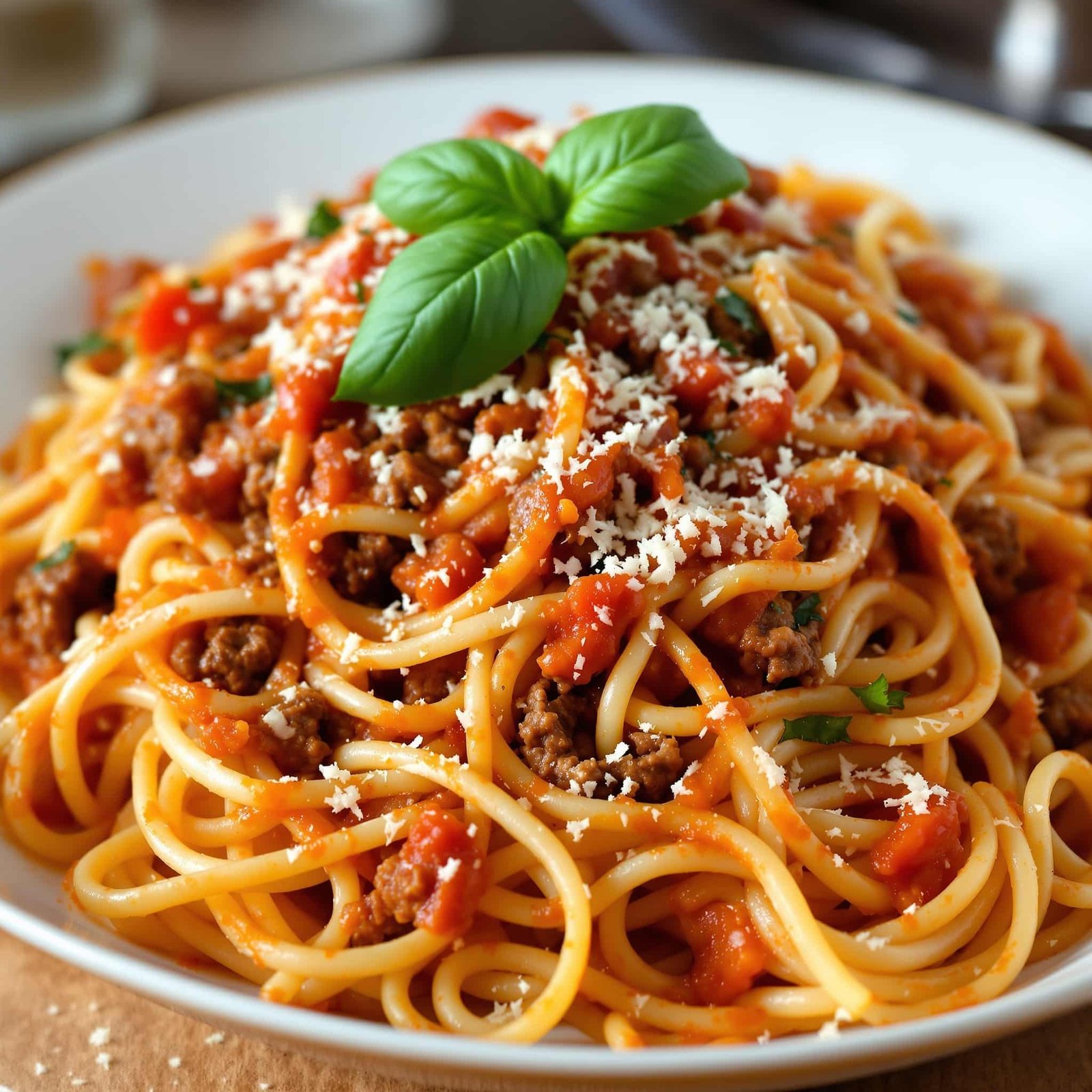 A delicious serving of beef and tomato pasta with spaghetti, ground beef in tomato sauce, garnished with basil and cheese.