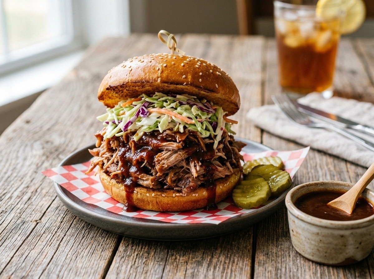 BBQ pulled pork sandwich with shredded pork, coleslaw, on a rustic wooden table.
