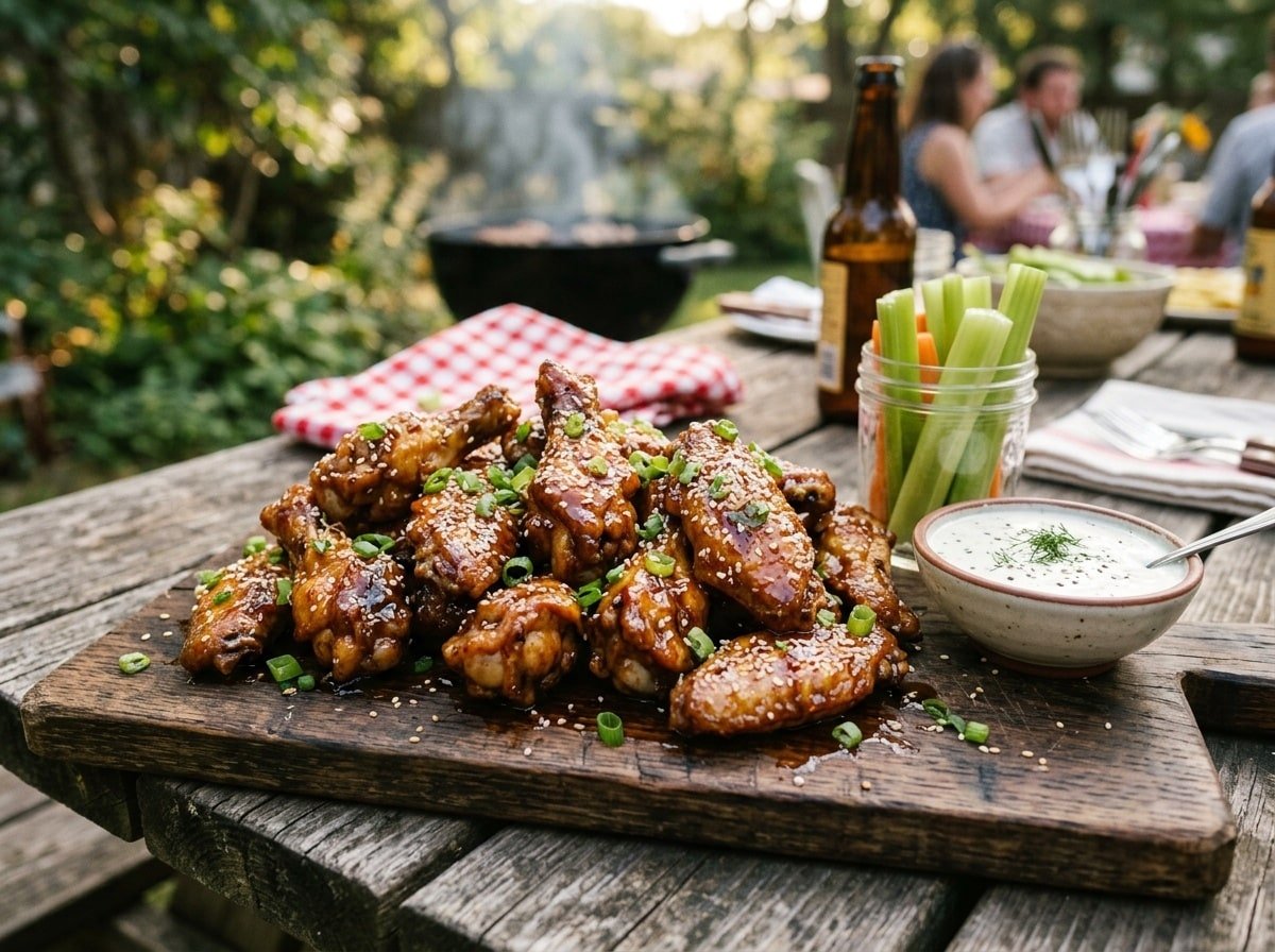 Golden Sweet and Spicy Chicken Wings garnished with green onions, served on a wooden board with ranch dressing and celery sticks.