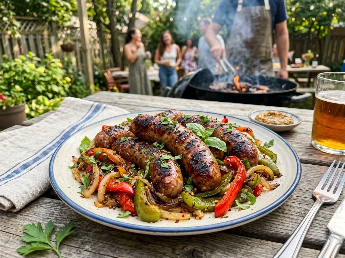 Savory grilled sausage and peppers with colorful bell peppers and onions on a summer BBQ plate.