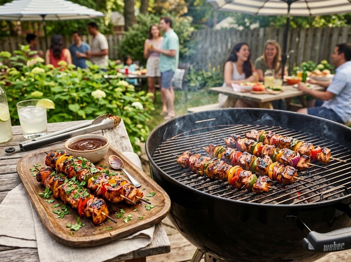 Grilled BBQ chicken skewers with bell peppers and onions on a grill, served with barbecue sauce on the side.