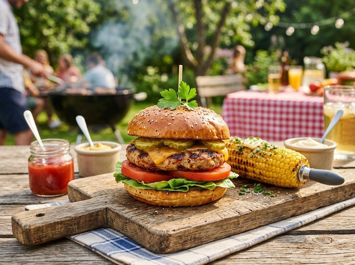 Juicy turkey burger on toasted bun with lettuce, tomato, and pickles, surrounded by BBQ condiments and grilled corn.
