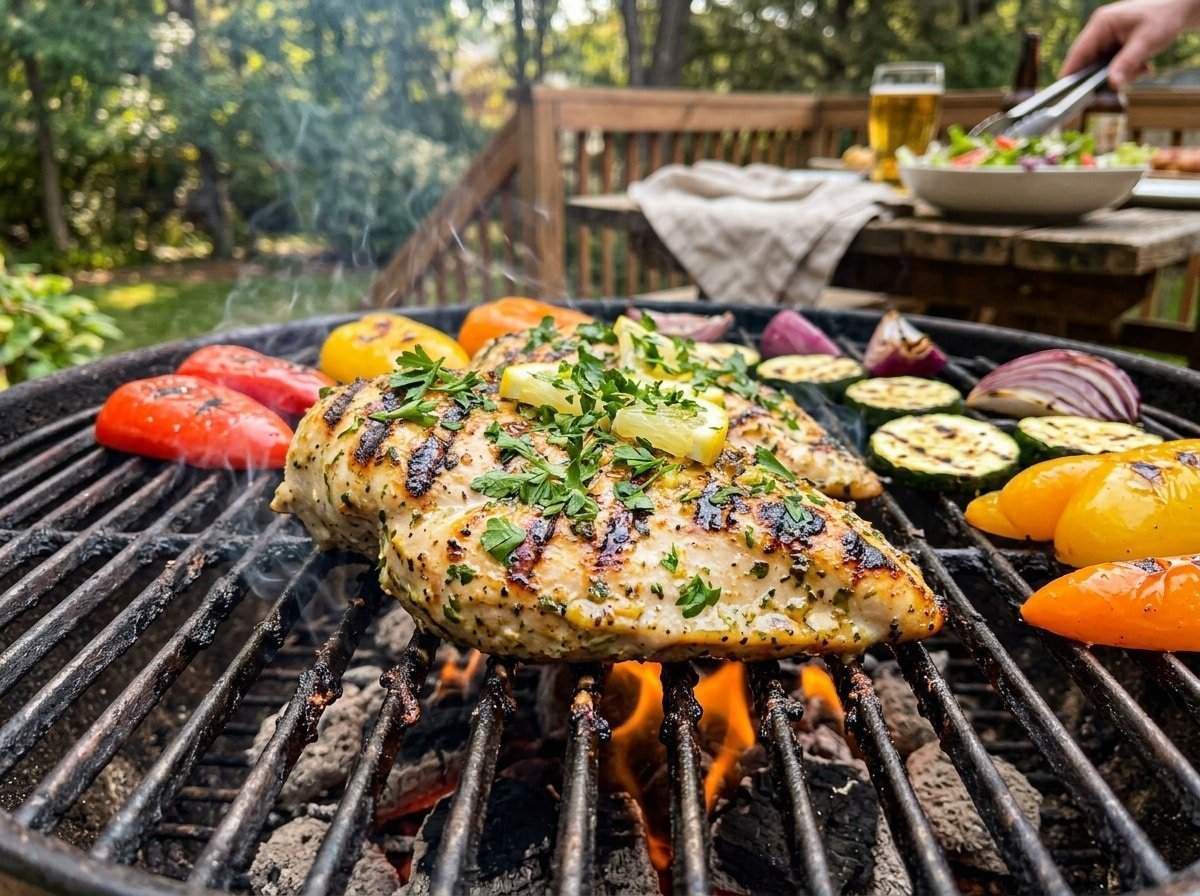 Grilled chicken breast with lemon herb seasoning served with colorful grilled vegetables.