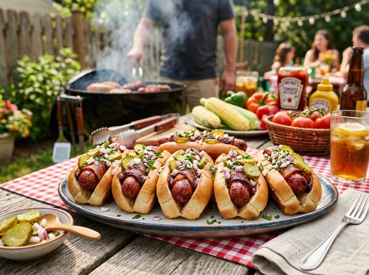 BBQ Bacon Wrapped Hot Dogs served in buns with barbecue sauce, pickles, and onions on a summer barbecue table.