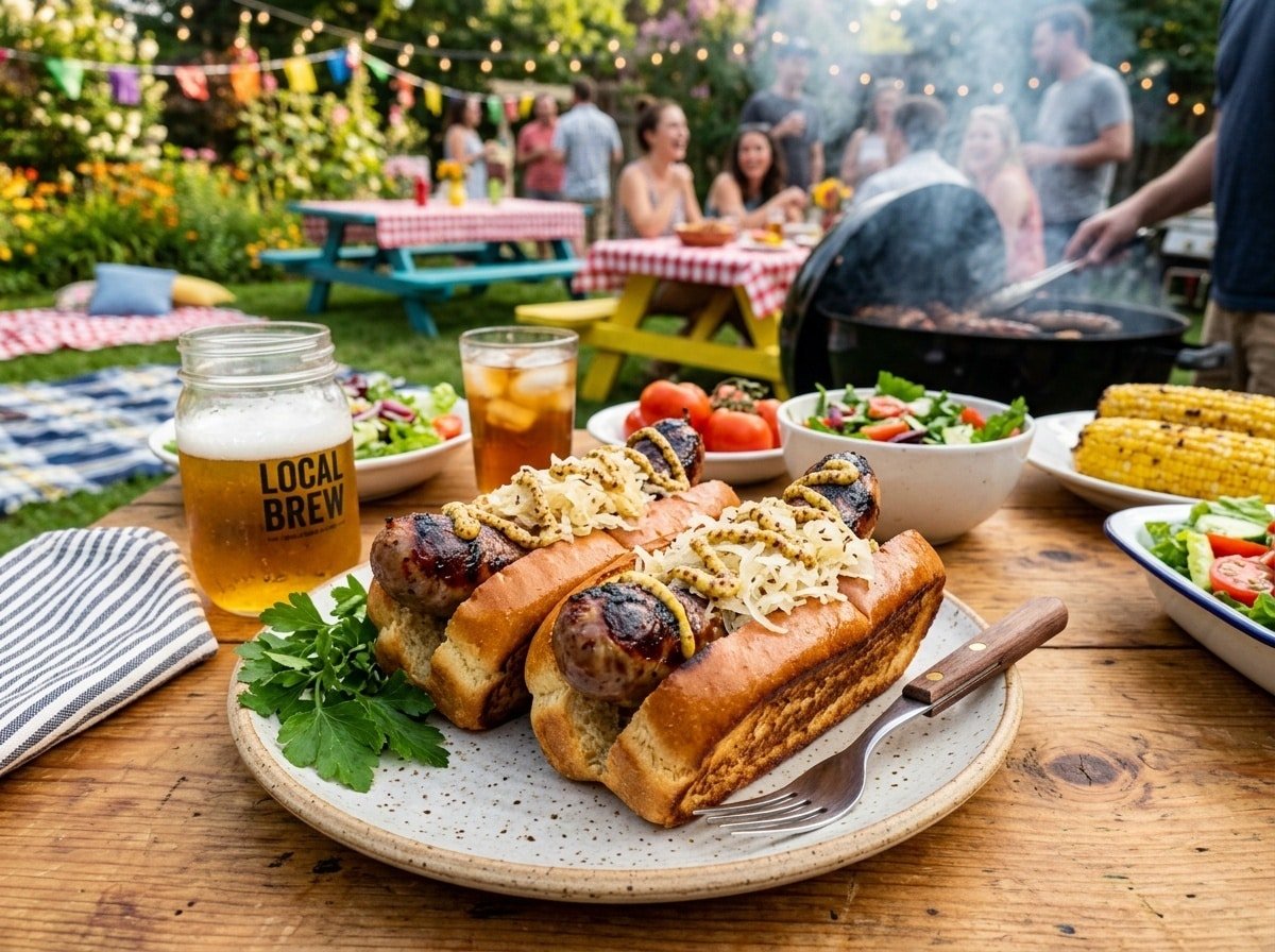 Smoky grilled bratwurst sausages in buns with mustard and sauerkraut, served in a picnic setting.