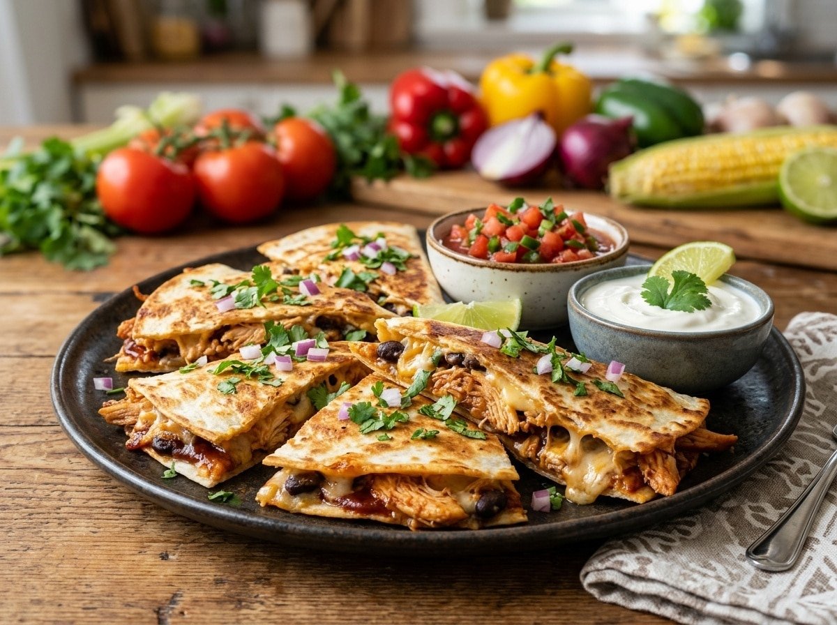 BBQ chicken quesadillas cut into wedges on a plate with salsa and sour cream.