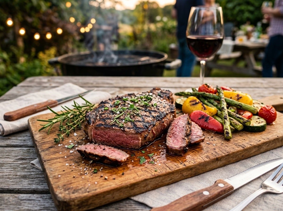 Juicy grilled sirloin steak on a cutting board with herbs and grilled vegetables, perfect for a BBQ.