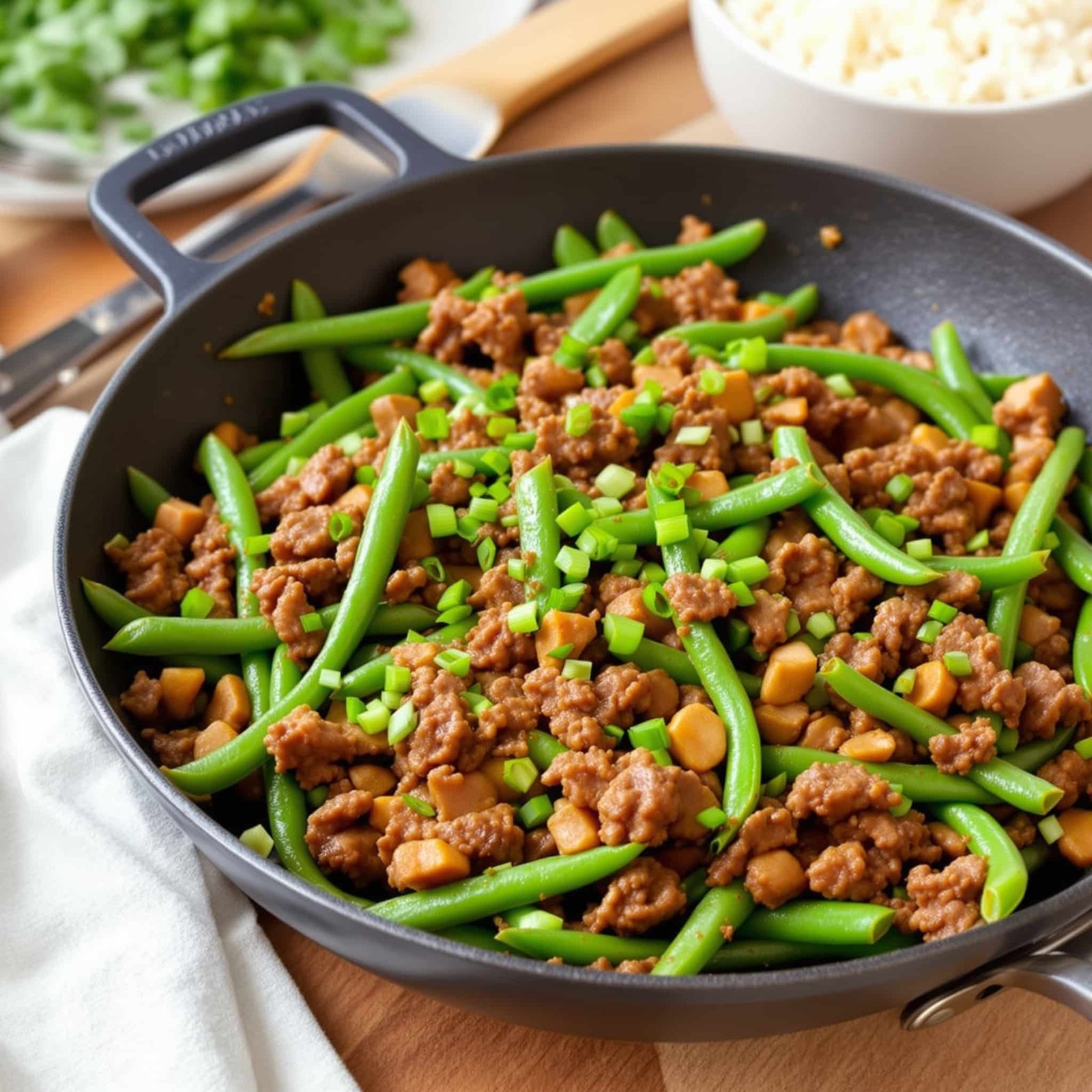 Beef and Green Bean Skillet Recipe A hearty Beef and Green Bean Skillet with ground beef and green beans on a wooden table alongside a bowl of rice.