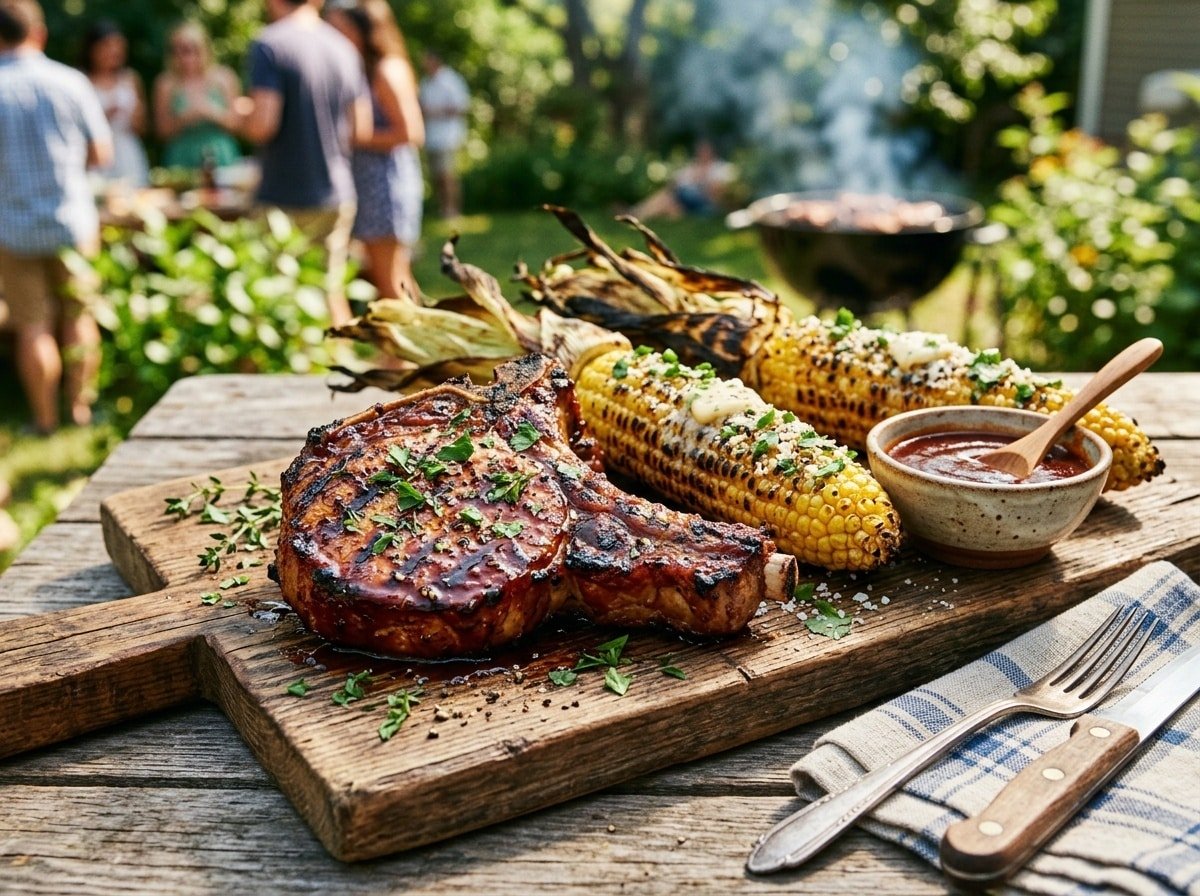 Grilled BBQ pork chop on a wooden board with corn and BBQ sauce.