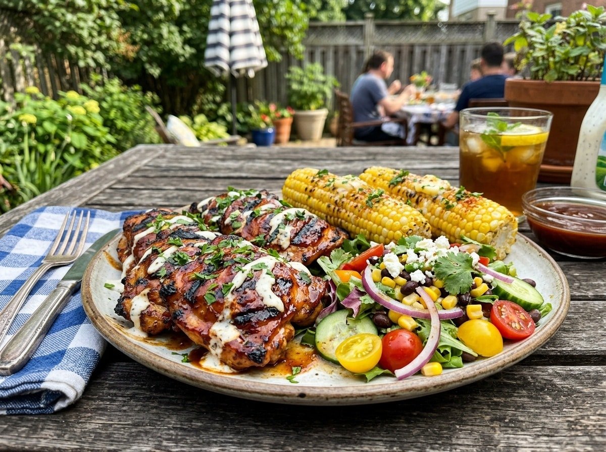 Grilled BBQ Ranch Chicken Thighs on a plate, garnished with parsley, with salad and corn, ready for serving.