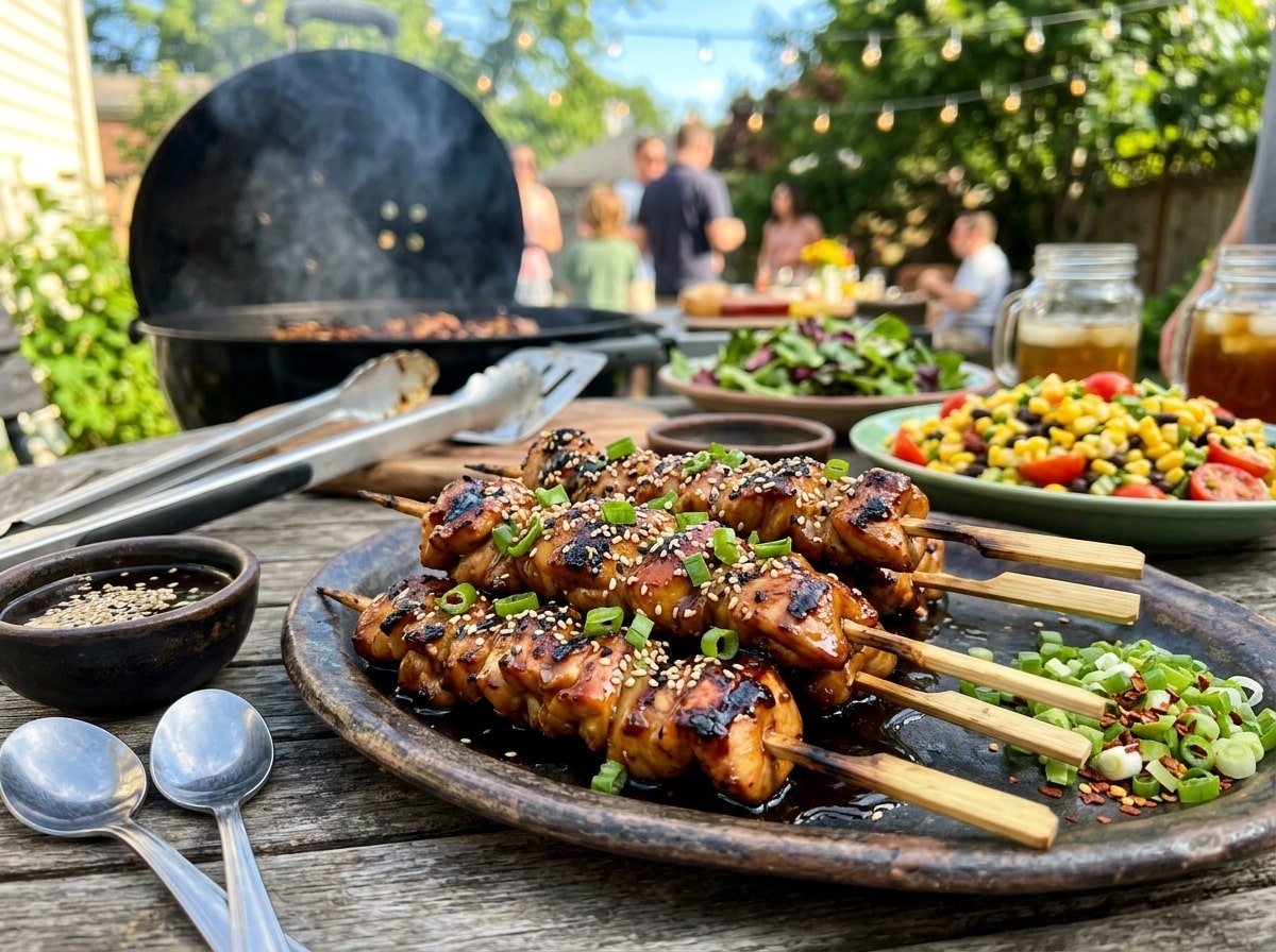 Grilled teriyaki chicken skewers garnished with sesame seeds and green onions on a rustic platter.