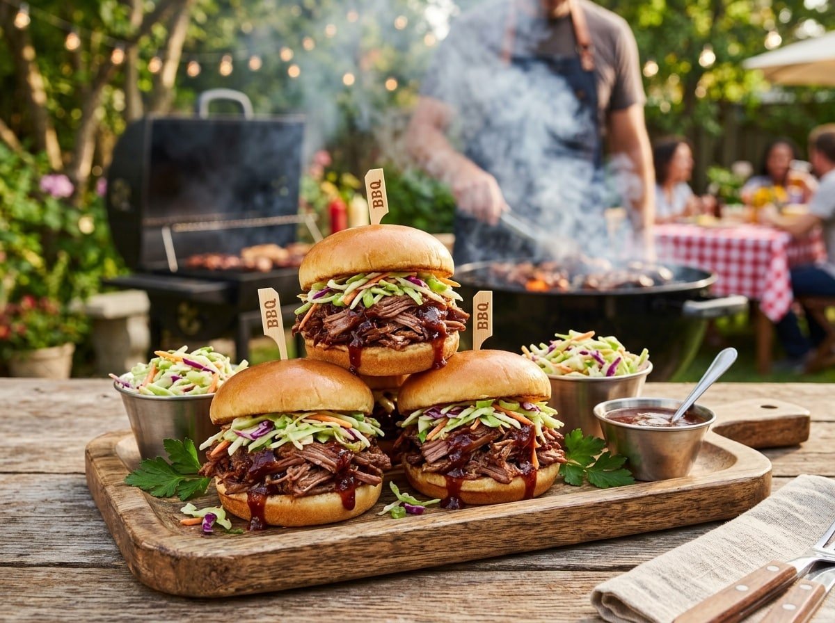 A platter of BBQ beef sliders with coleslaw on soft buns, ready for serving.
