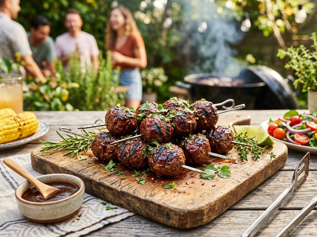 Grilled BBQ meatball skewers arranged on a wooden board with barbecue sauce and fresh herbs.