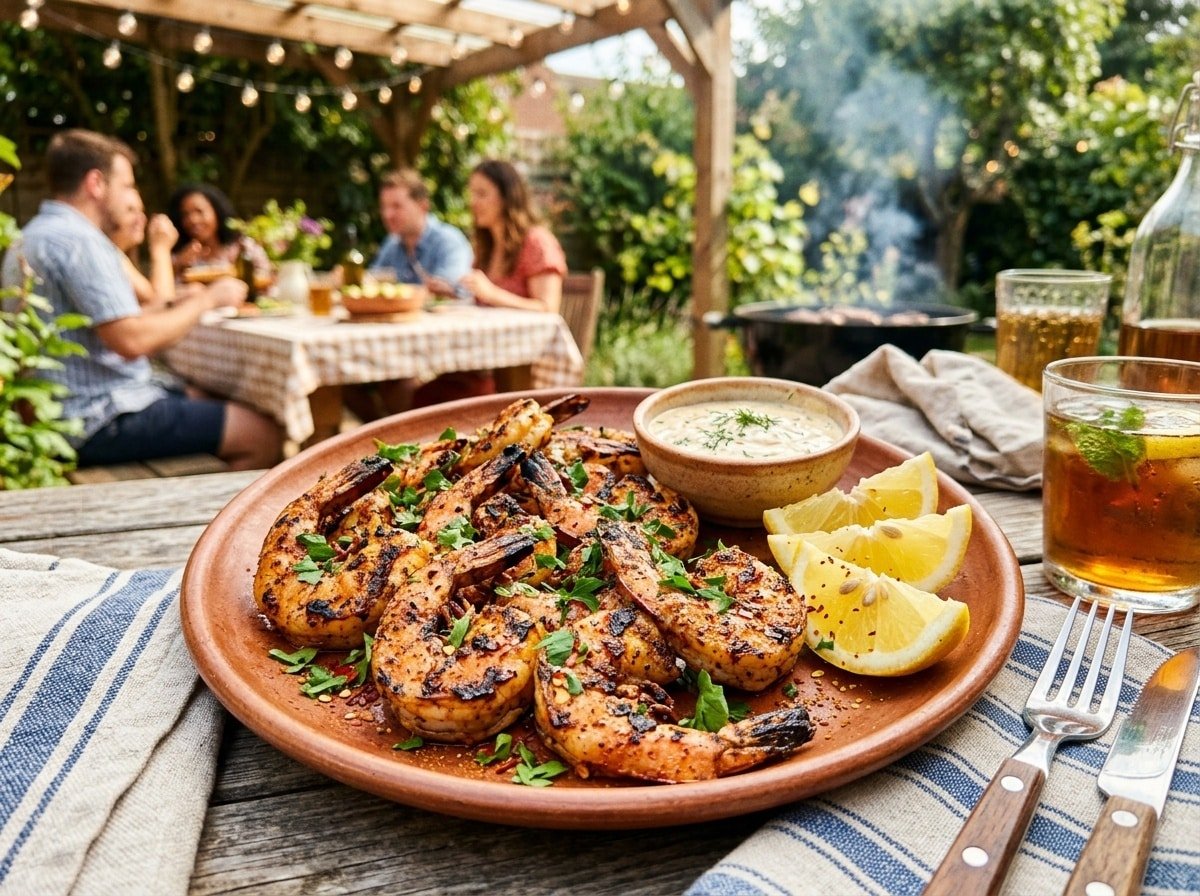A dish of spicy Cajun grilled shrimp garnished with parsley and lemon wedges, set on an outdoor dining table.