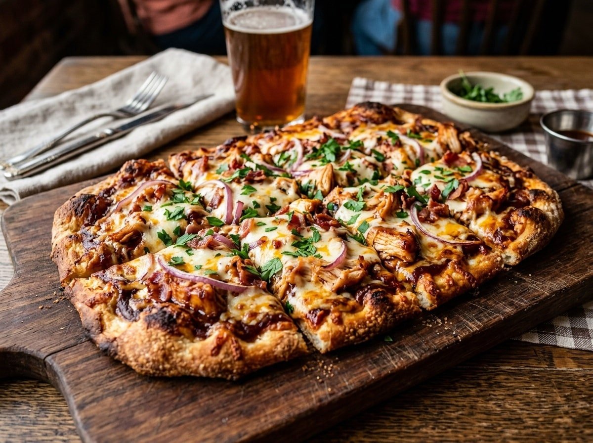 BBQ chicken flatbread pizza with cheese, chicken, and garnished with parsley on a wooden board.