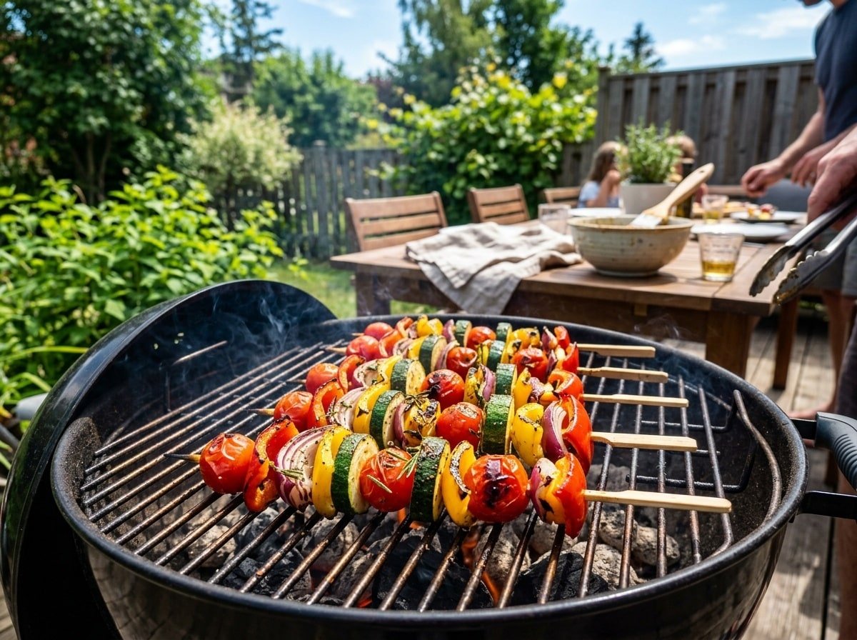 Grilled veggie skewers with bell peppers, zucchini, and tomatoes on a grill, outdoors in a sunny setting.
