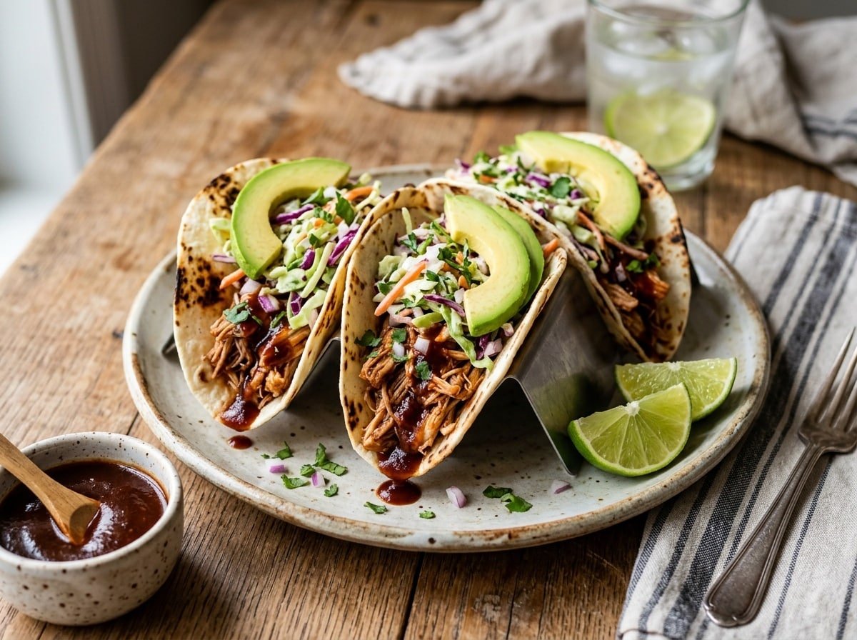 A plate of BBQ pulled chicken tacos filled with chicken, coleslaw, and avocado, garnished with lime wedges.